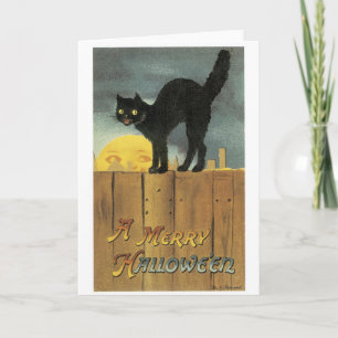 Old-fashioned Halloween, Black cat & Full moon Card