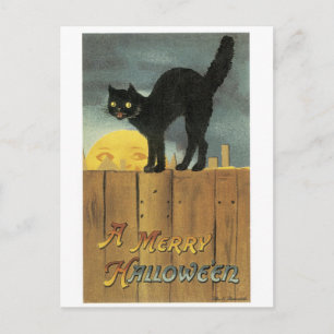 Old-fashioned Halloween, Black cat & Full moon Postcard