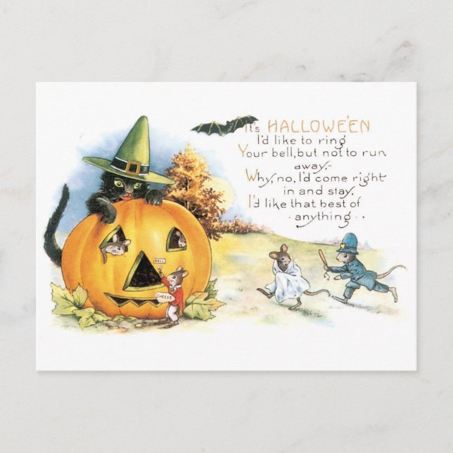 Old-fashioned Halloween, Black cat & Mice Postcard (Front)
