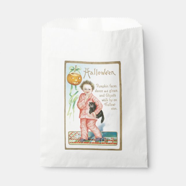 Old-fashioned Halloween, Boy holding Black cat Favour Bag (Front)