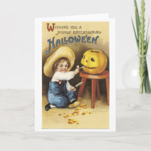 Old-fashioned Halloween, Boy makes Jack-o'-lantern Card