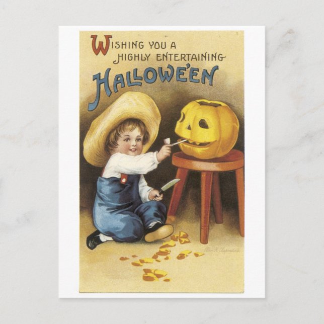 Old-fashioned Halloween, Boy makes Jack-o'-lantern Postcard (Front)