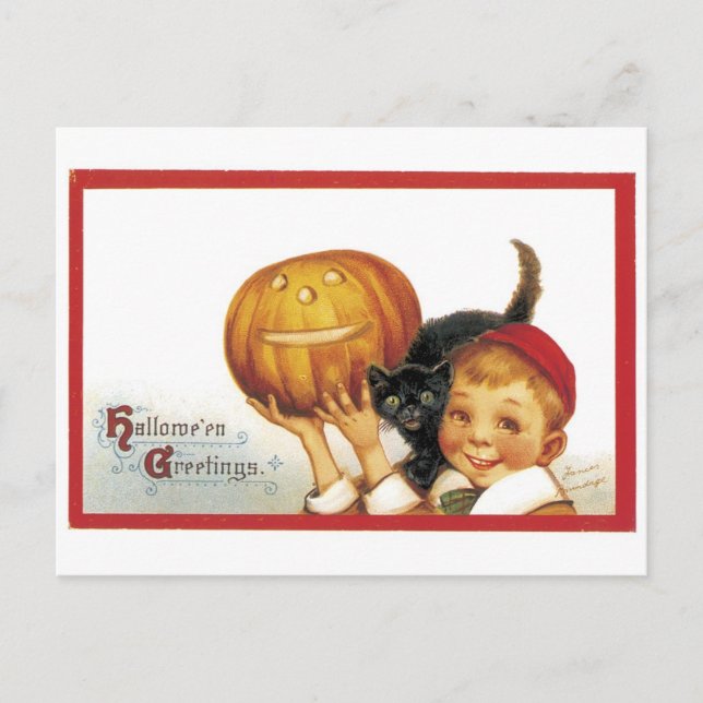Old-fashioned Halloween, Boy with Black cat Postcard (Front)