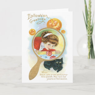 Old-fashioned Halloween, Girl & Black cat Card