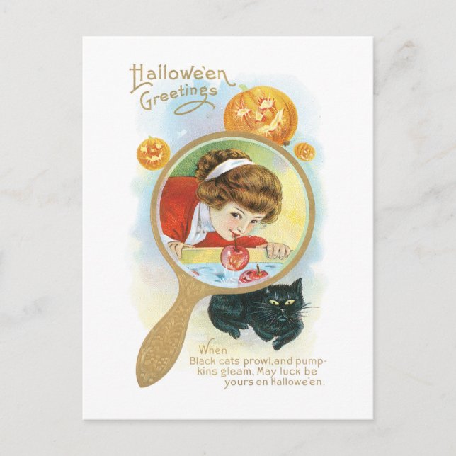 Old-fashioned Halloween, Girl & Black cat Postcard (Front)