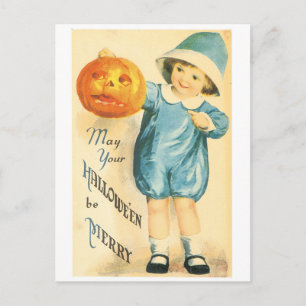 Old-fashioned Halloween, Girl holding Pumpkin Postcard