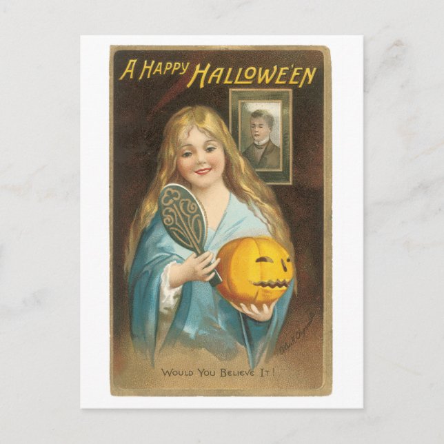 Old-fashioned Halloween, Girl with a Hand mirror Postcard (Front)