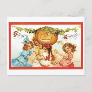 Old-fashioned Halloween, Girls with Pumpkin Postcard