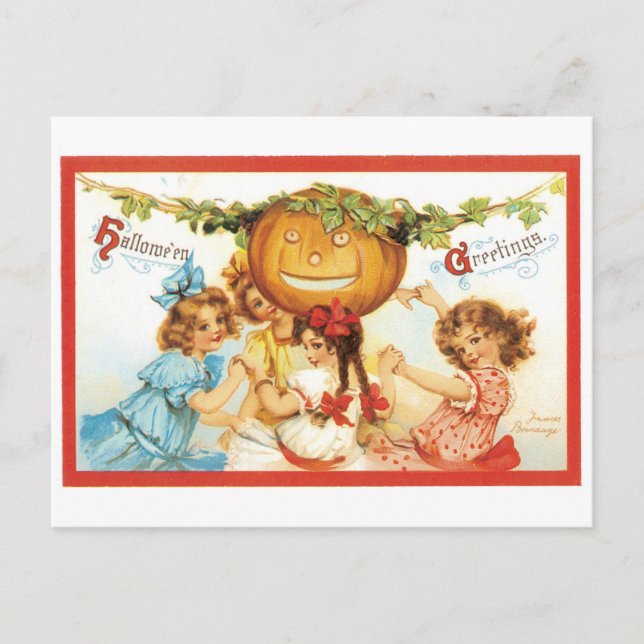 Old-fashioned Halloween, Girls with Pumpkin Postcard (Front)