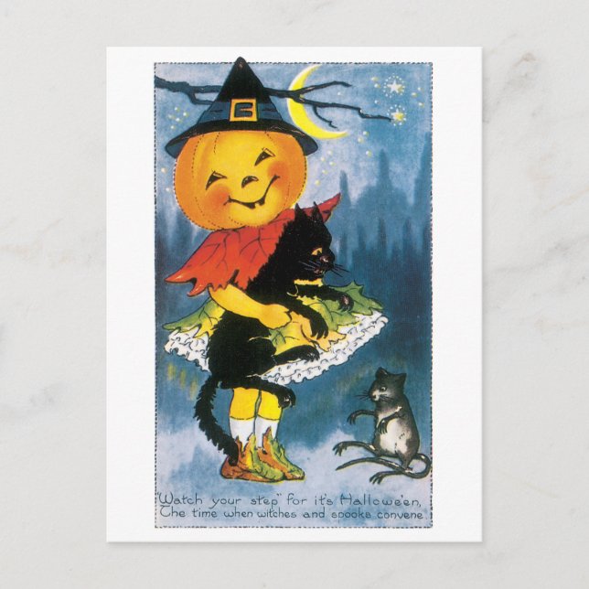 Old-fashioned Halloween, Jack-o'-lantern Girl Postcard (Front)