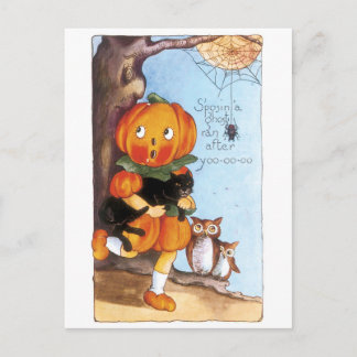 Old-fashioned Halloween, Pumpkin girl, Black cat Postcard