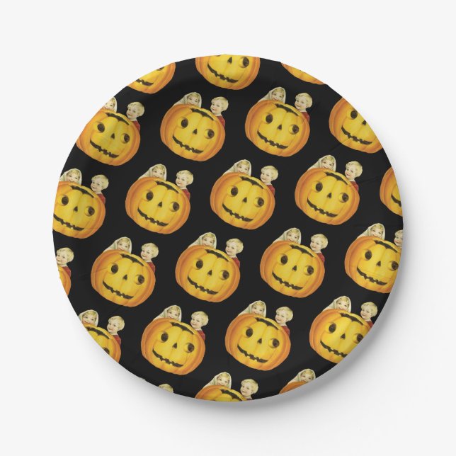 Old-fashioned Halloween, Pumpkin with Children Paper Plate (Front)