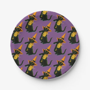 Old-fashioned Halloween, Witch cat playing Violin Paper Plate