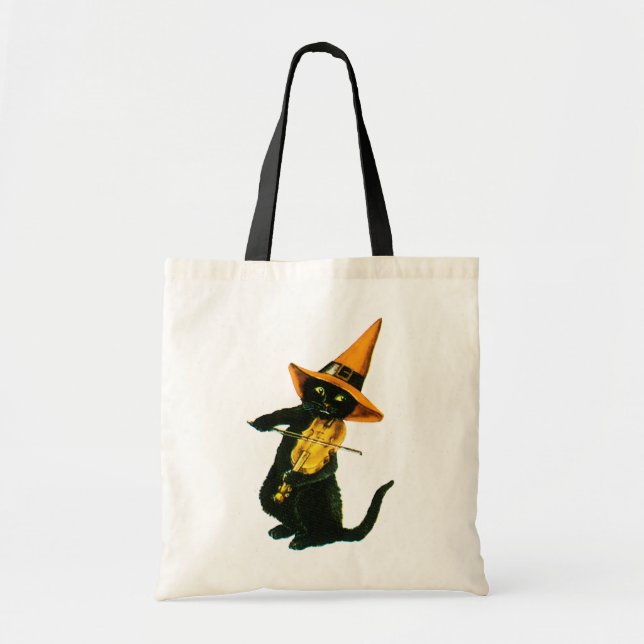 Old-fashioned Halloween, Witch cat playing Violin Tote Bag (Front)
