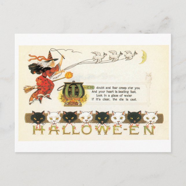 Old-fashioned Halloween, Witch & Cats Postcard (Front)