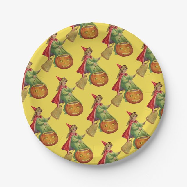 Old-fashioned Halloween, Witch girl Paper Plate (Front)