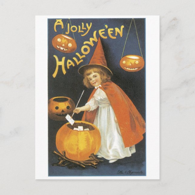 Old-fashioned Halloween, Witch girl Postcard (Front)