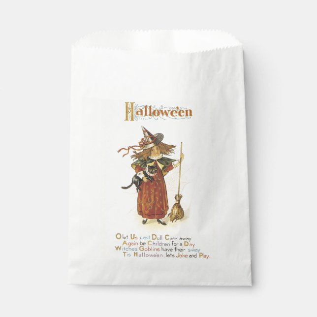 Old-fashioned Halloween, Witch girl with Black cat Favour Bag (Front)