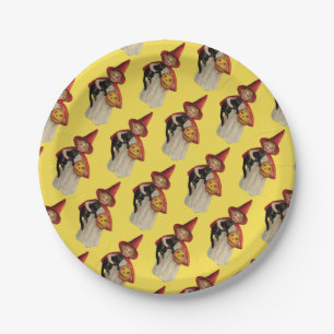 Old-fashioned Halloween, Witch girl with Black cat Paper Plate