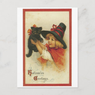 Old-fashioned Halloween, Witch girl with Black cat Postcard