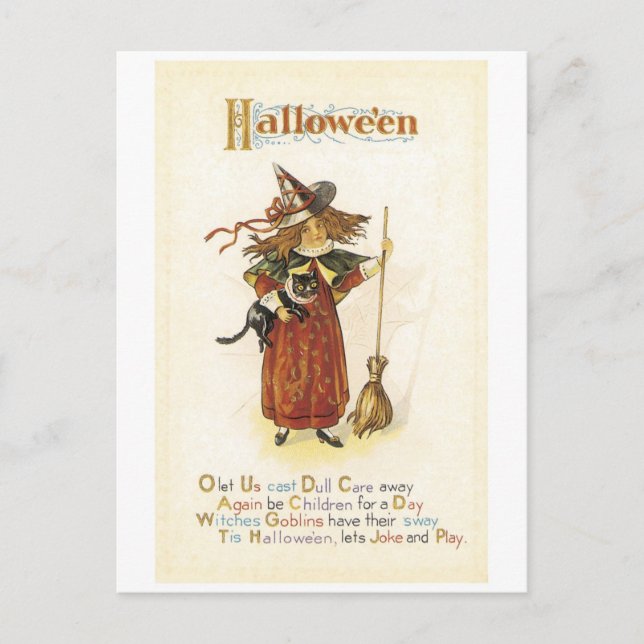 Old-fashioned Halloween, Witch girl with Black cat Postcard (Front)