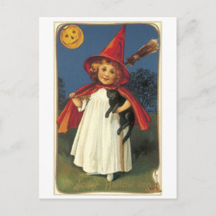 Old-fashioned Halloween, Witch girl with Black cat Postcard