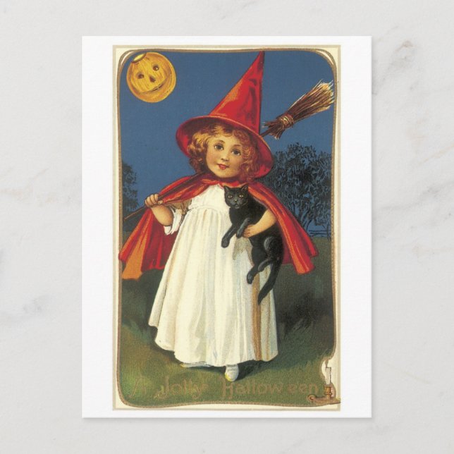 Old-fashioned Halloween, Witch girl with Black cat Postcard (Front)