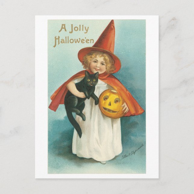 Old-fashioned Halloween, Witch girl with Black cat Postcard (Front)