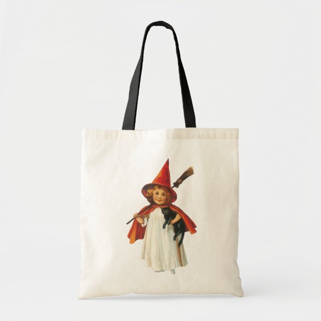 Old-fashioned Halloween, Witch girl with Black cat Tote Bag (Front)