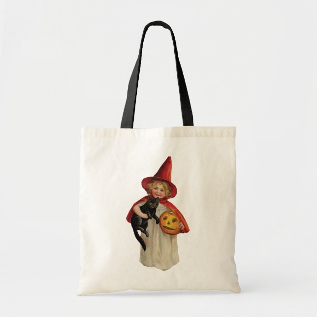 Old-fashioned Halloween, Witch girl with Black cat Tote Bag (Front)