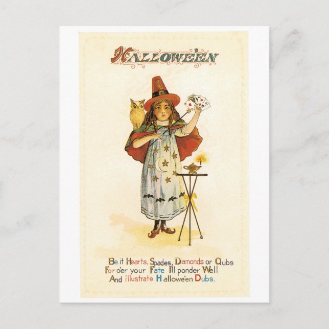 Old-fashioned Halloween, Witch girl with Owl Postcard (Front)