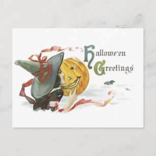 Old-fashioned Halloween, Witch & Jack-o'-lantern Postcard