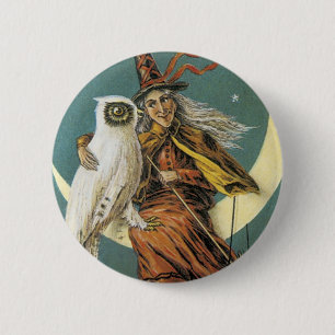 Old Fashioned Halloween Witch & The Moon 6 Cm Round Badge