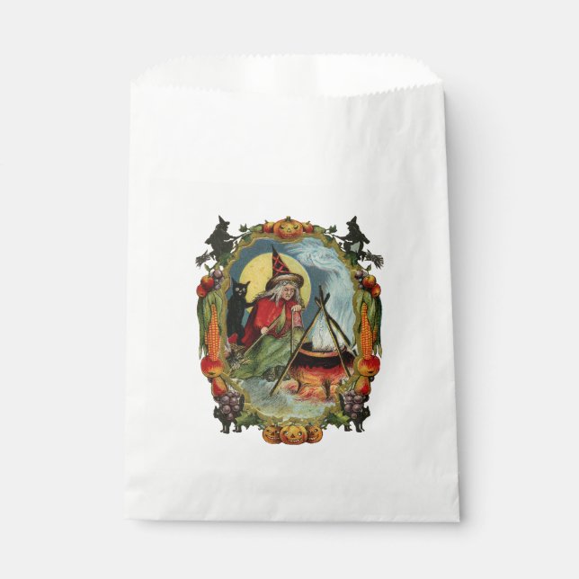 Old-fashioned Halloween, Witch with Black cat Favour Bag (Front)