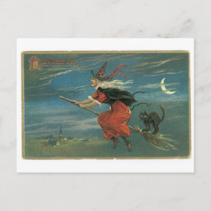 Old-fashioned Halloween, Witch with Black cat Postcard