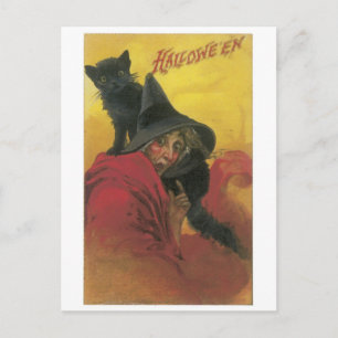 Old-fashioned Halloween, Witch with Black cat Postcard