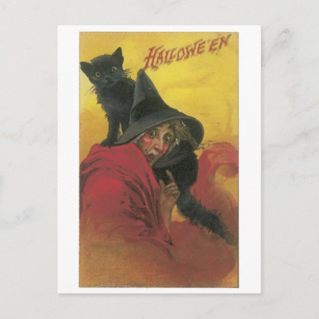 Old-fashioned Halloween, Witch with Black cat Postcard (Front)