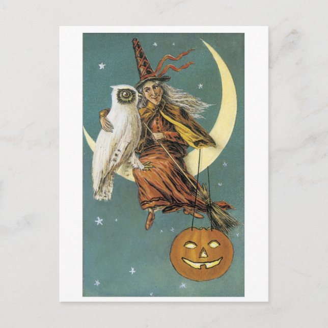 Old-fashioned Halloween, Witch with Owl Postcard (Front)