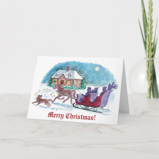 Old Fashioned Horse and Sleigh Christmas Holiday Card (Front)