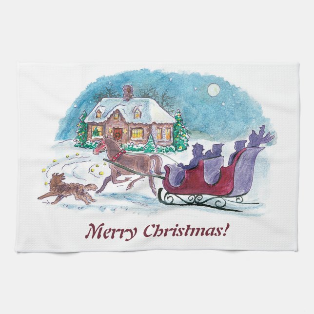 Old Fashioned Horse and Sleigh Christmas Tea Towel (Horizontal)