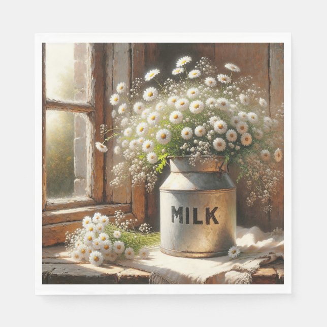 Old-fashioned Milk Can With Daisy Bouquet Napkin (Front)