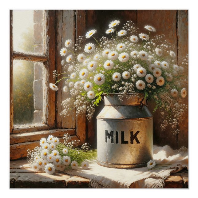 Old-fashioned Milk Can With Daisy Bouquet Poster (Front)