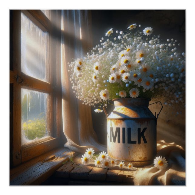 Old-fashioned Milk Can With Daisy Bouquet Poster (Front)