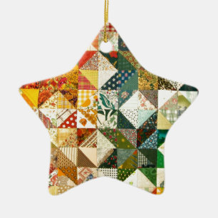 Old Fashioned Patchwork Quilt Ceramic Tree Decoration