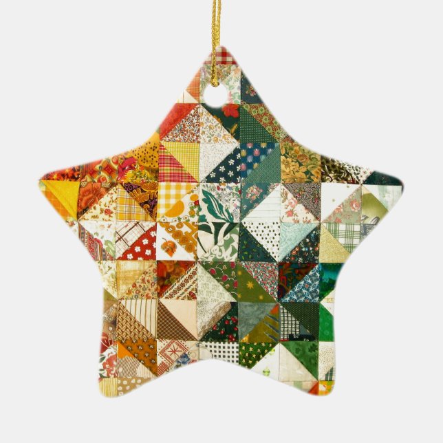 Old Fashioned Patchwork Quilt Ceramic Tree Decoration (Front)