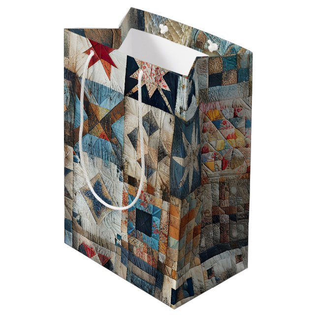 Old-fashioned Patchwork Quilt Design Medium Gift Bag (Back Angled)