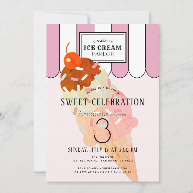 Old Fashioned Pink Ice Cream Parlour Birthday Invitation (Front)