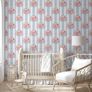 Old Fashioned Pink & Red Roses On Blue Stripes Wallpaper