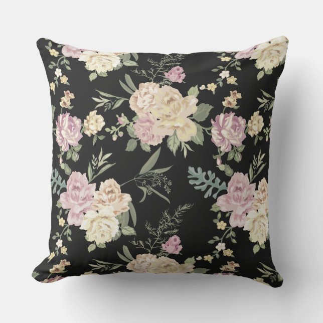 Old Fashioned Pink Roses Chintz Pattern on Black Cushion (Front)