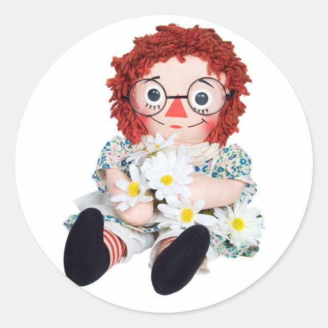 old-fashioned rag doll with daisies classic round sticker (Front)